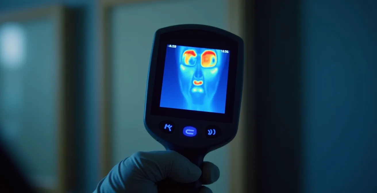 Gros plan sur une main tenant une caméra thermique pointée vers un mur