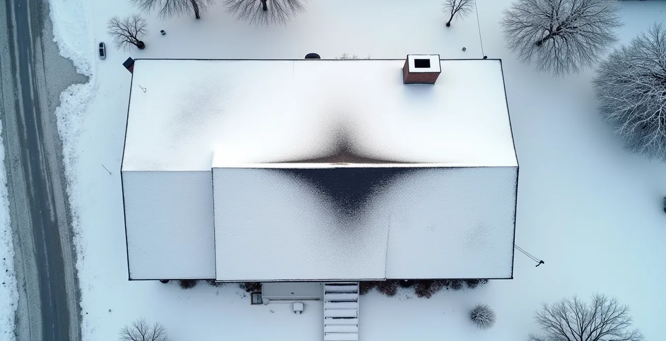 Vue aérienne montrant les zones de déperdition thermique sur une toiture enneigée