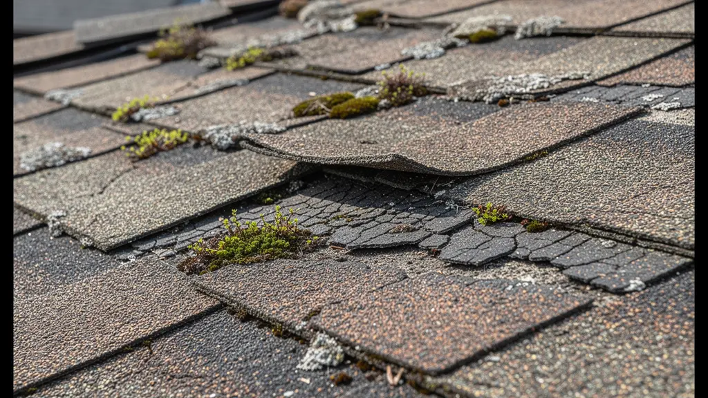 Bardeaux d'asphalte endommagés montrant coins relevés et granules manquantes sur toiture résidentielle