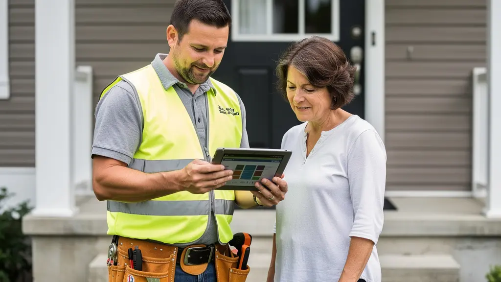 Entrepreneur en toiture montrant des informations sur tablette à propriétaire devant maison québécoise