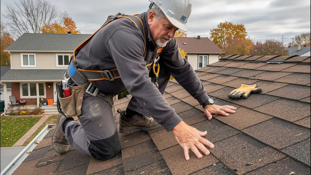 Couvreur professionnel inspectant des bardeaux d'asphalte sur toiture résidentielle québécoise