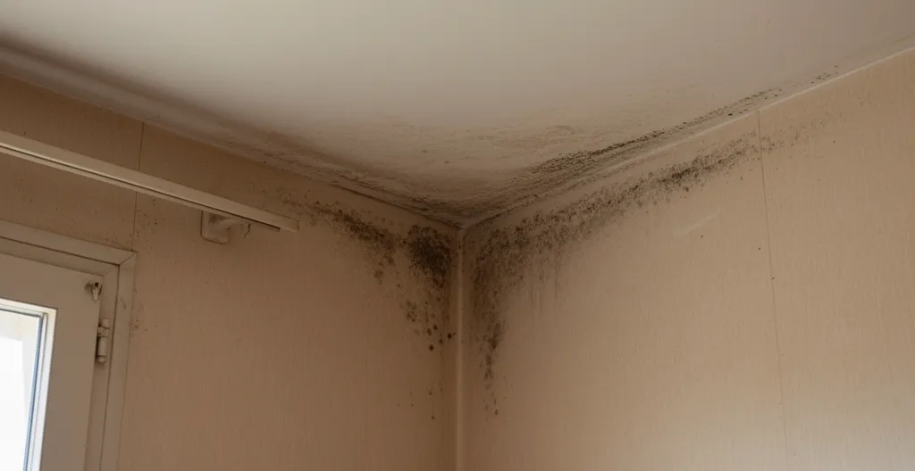 Traces de condensation et moisissures dans un angle de pièce causées par un pont thermique