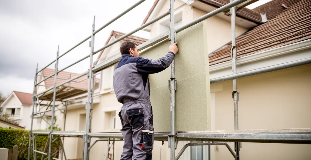 Pose de panneaux isolants ITE sur façade de maison individuelle en Île-de-France