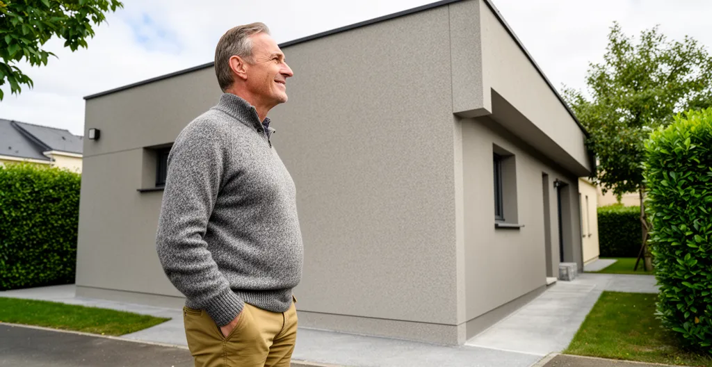 Propriétaire satisfait devant sa maison rénovée avec isolation extérieure terminée