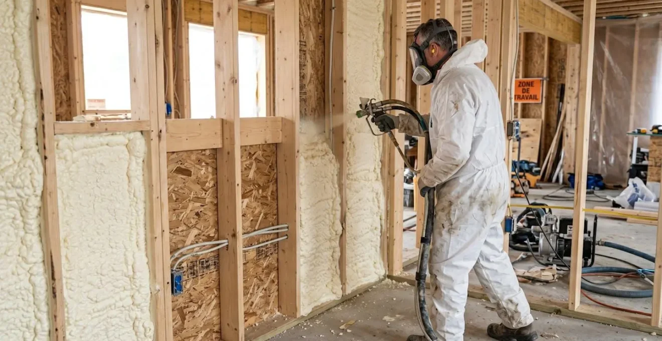 Artisan en combinaison de protection appliquant de la mousse polyuréthane sur un mur, vu de dos sur un chantier réel