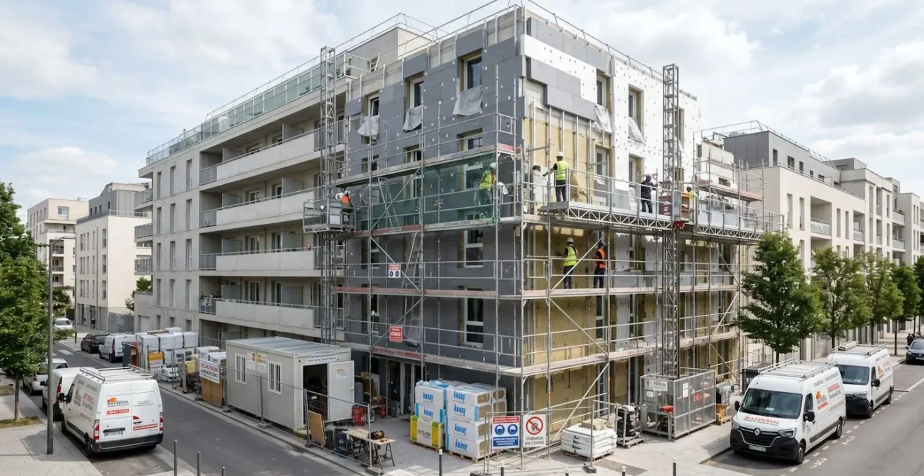 Chantier de rénovation énergétique moderne avec échafaudage et matériaux isolants visibles sur façade en cours de traitement