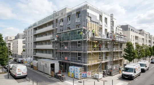 Chantier de rénovation énergétique moderne avec échafaudage et matériaux isolants visibles sur façade en cours de traitement