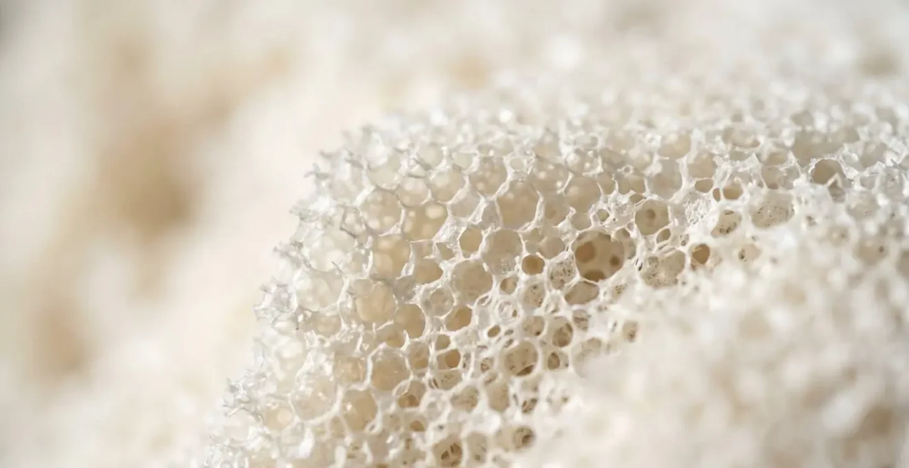 Gros plan sur la texture détaillée d'une mousse polyuréthane isolante séchée montrant la structure des cellules fermées