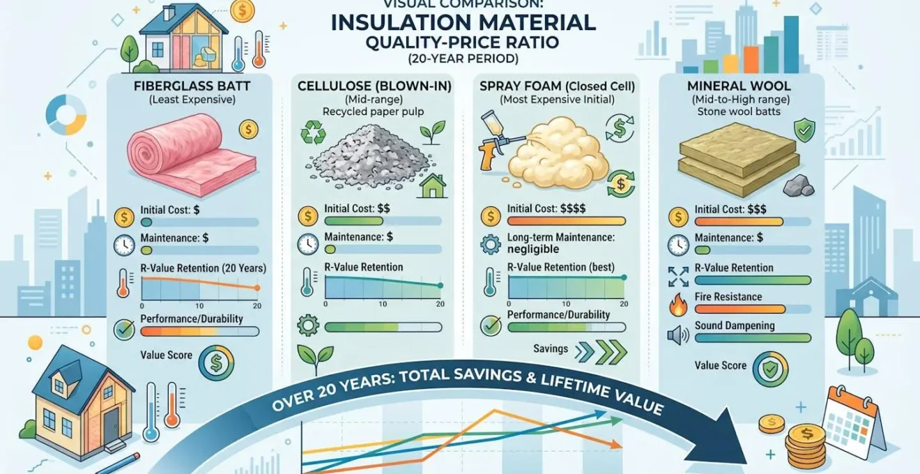 Comparaison visuelle du rapport qualite prix de differents materiaux isolants sur vingt ans