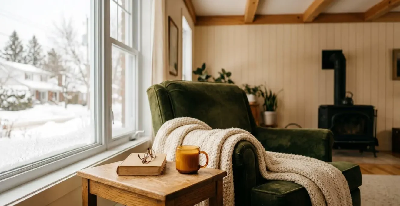 Intérieur chaleureux de maison québécoise évoquant le confort et la sécurité