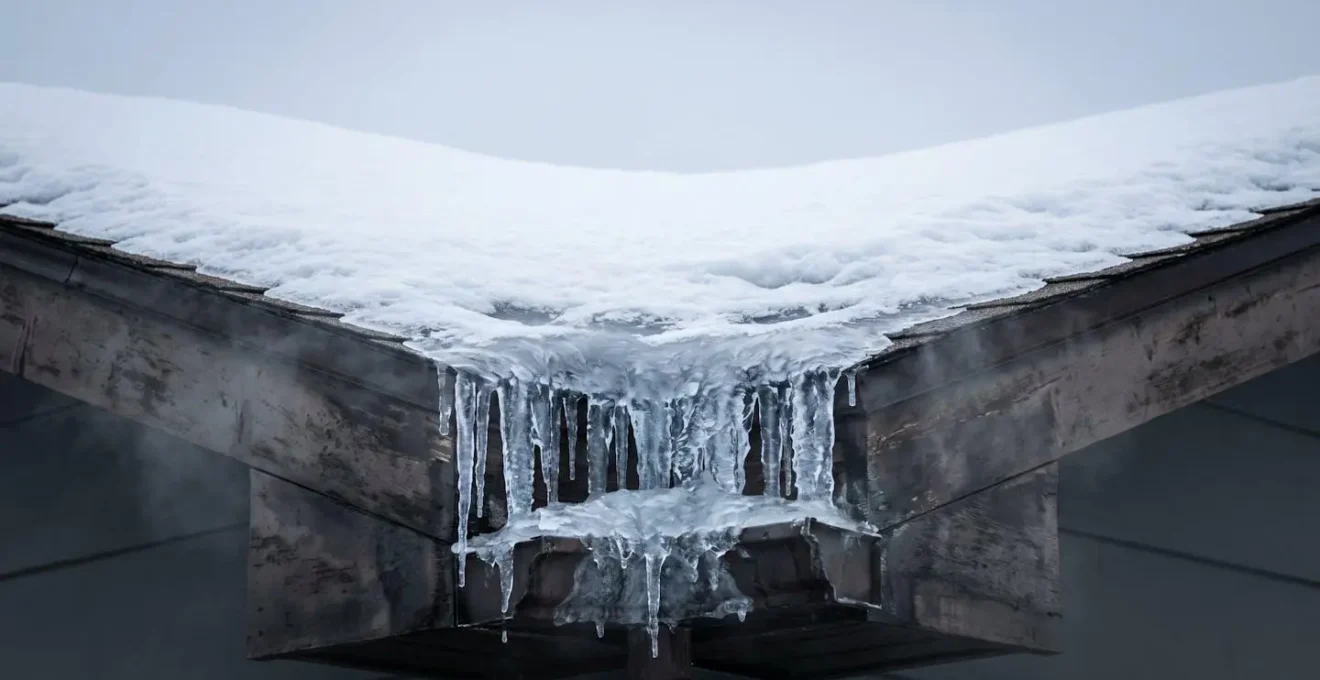 Formation de barrages de glace sur le bord du toit d'une maison québécoise en hiver causée par une isolation déficiente