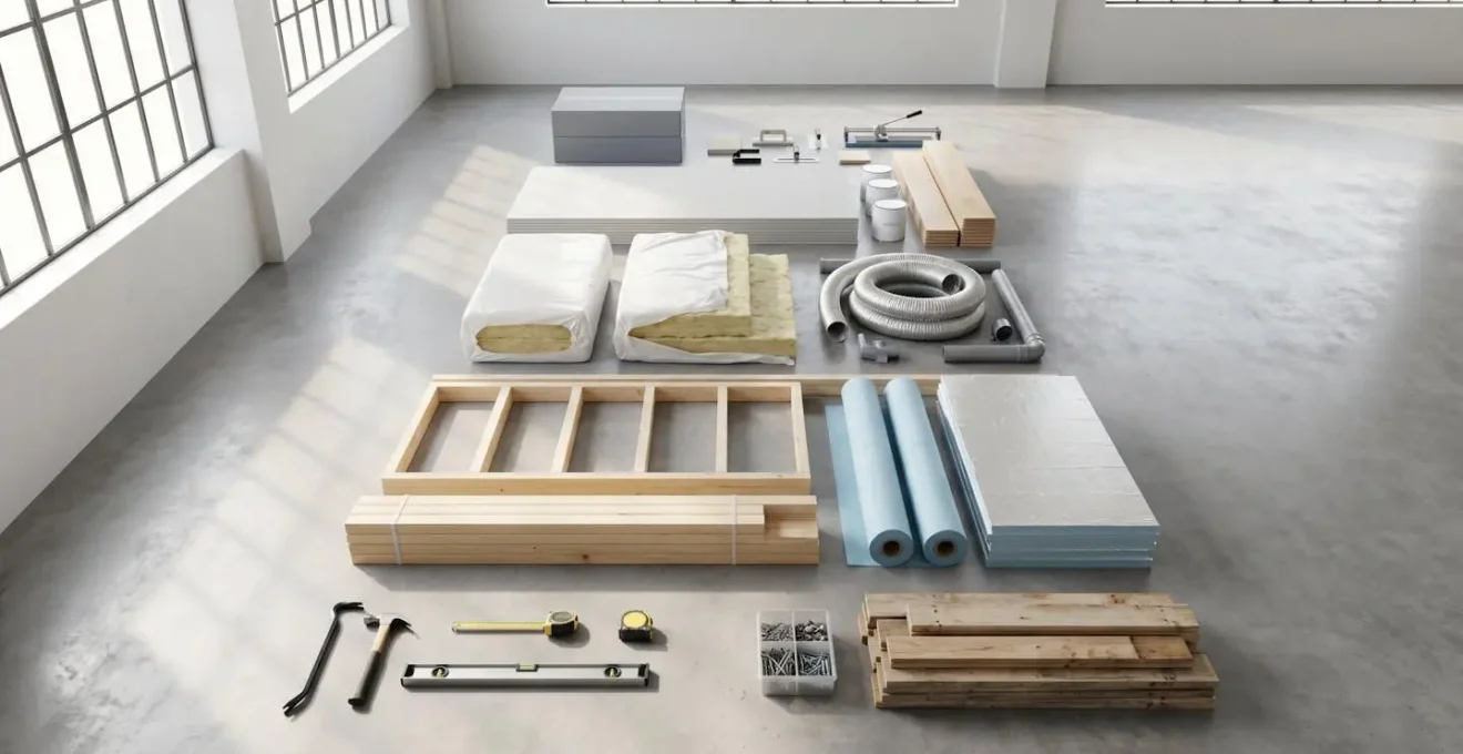 Vue aérienne minimaliste montrant les matériaux et outils d'isolation disposés en séquence temporelle