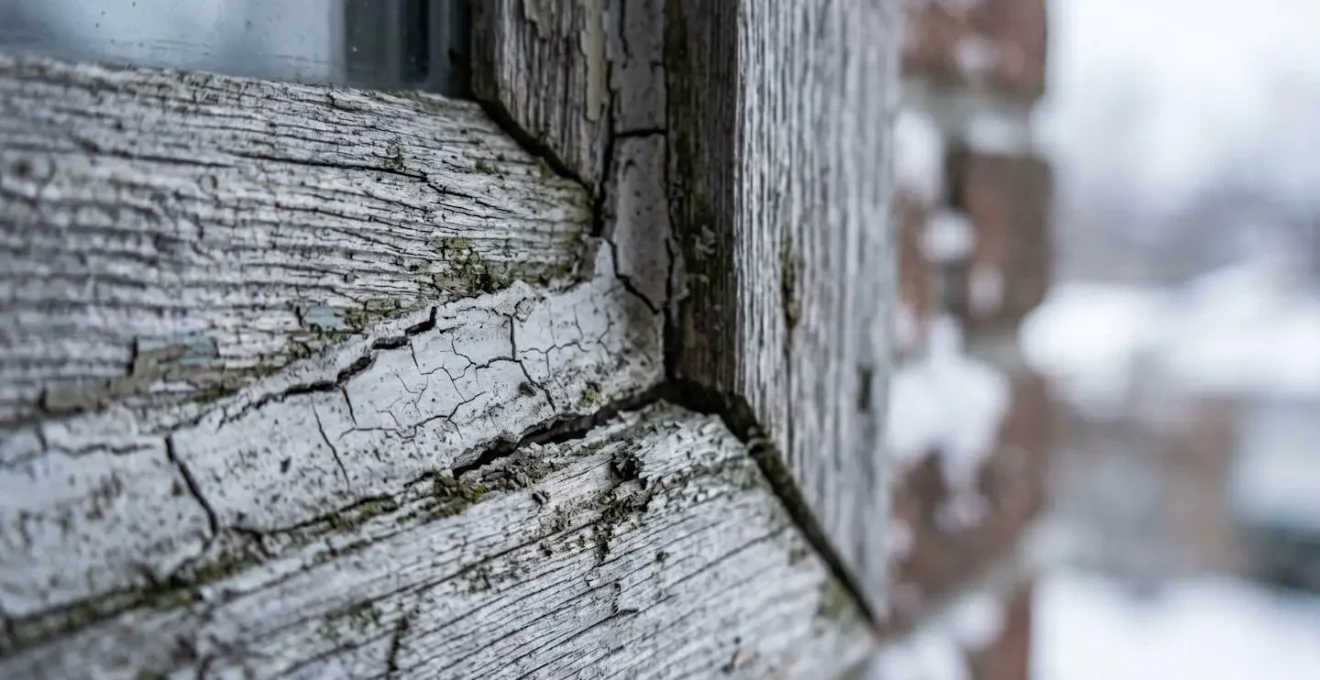 Détail macro des zones de jonction et fissures nécessitant un calfeutrage dans une maison du Québec