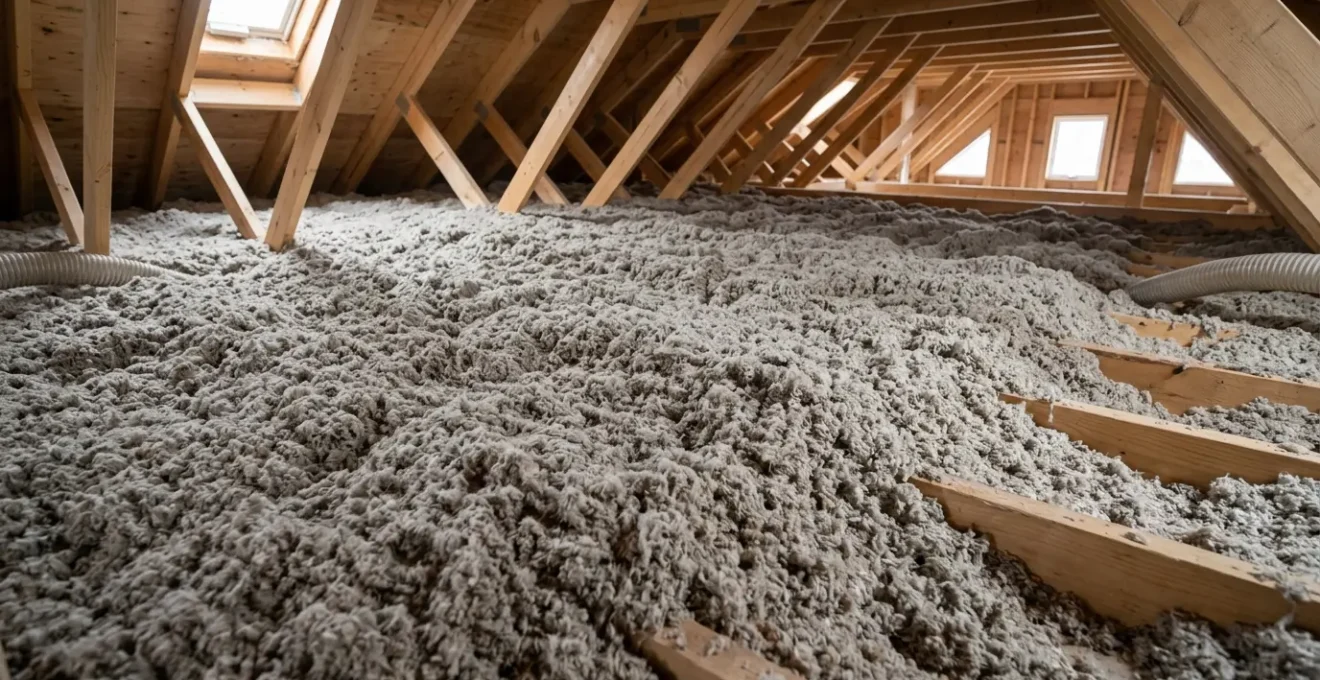 Installation professionnelle d'isolant de cellulose soufflée dans un entretoit québécois moderne