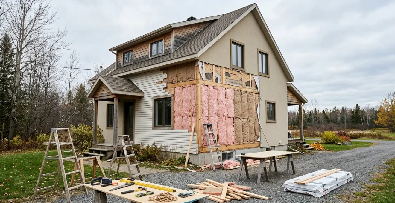 Vue en contre-plongée d'une maison québécoise en rénovation avec échafaudage, matériaux d'isolation visibles et outils de travail
