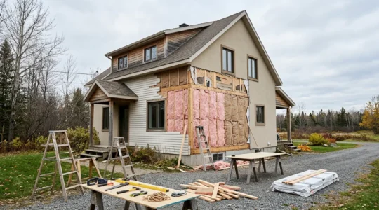 Vue en contre-plongée d'une maison québécoise en rénovation avec échafaudage, matériaux d'isolation visibles et outils de travail