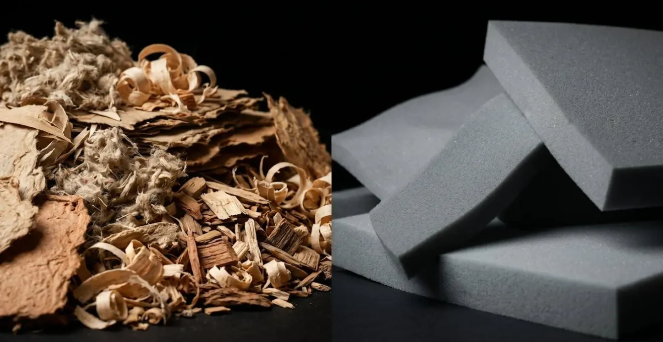 Représentation visuelle symbolisant le contraste entre matériaux biosourcés et synthétiques dans la construction