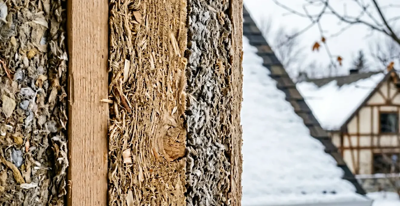 Coupe transversale d'un mur de maison québécoise montrant les couches d'isolation en fibre de bois et cellulose
