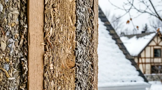 Coupe transversale d'un mur de maison québécoise montrant les couches d'isolation en fibre de bois et cellulose