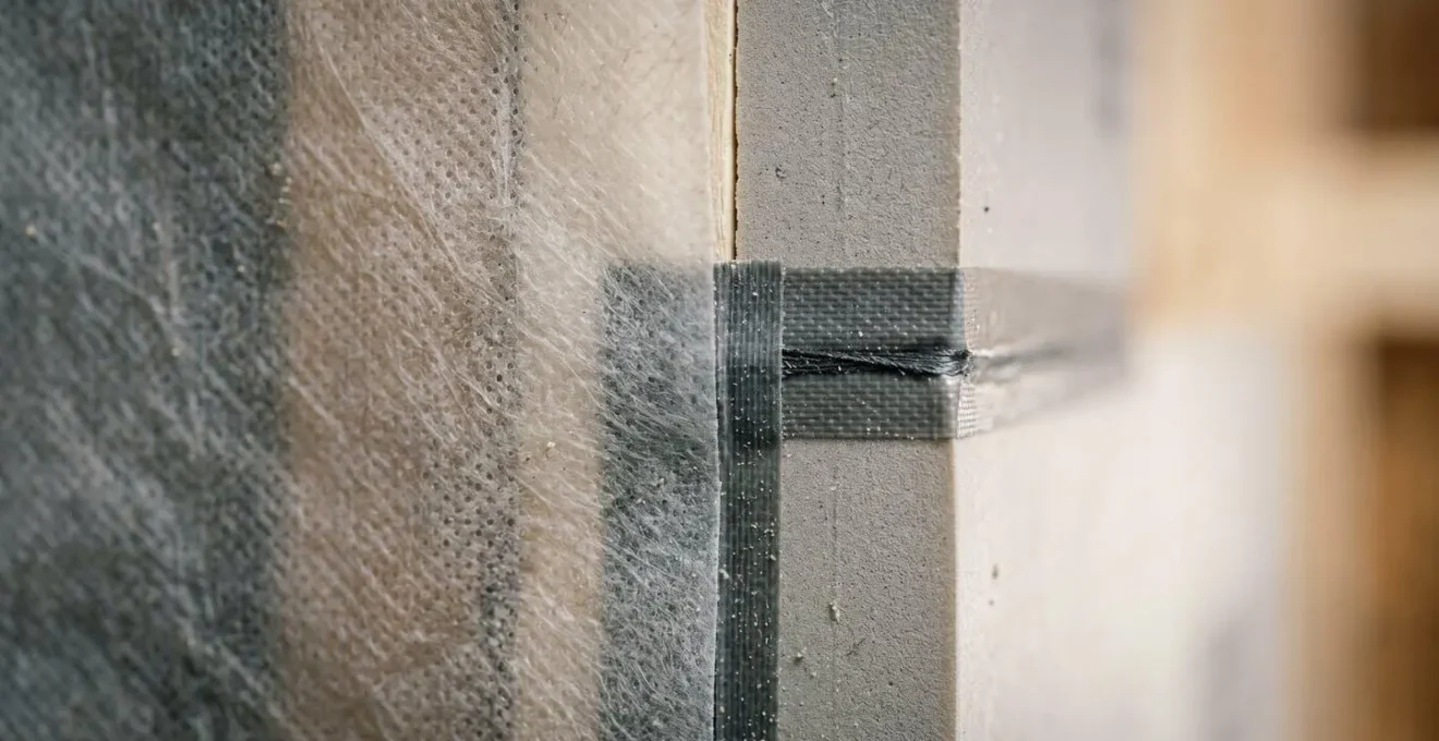 Gros plan macro sur les textures et matériaux de systèmes de pare-air pour bâtiments québécois
