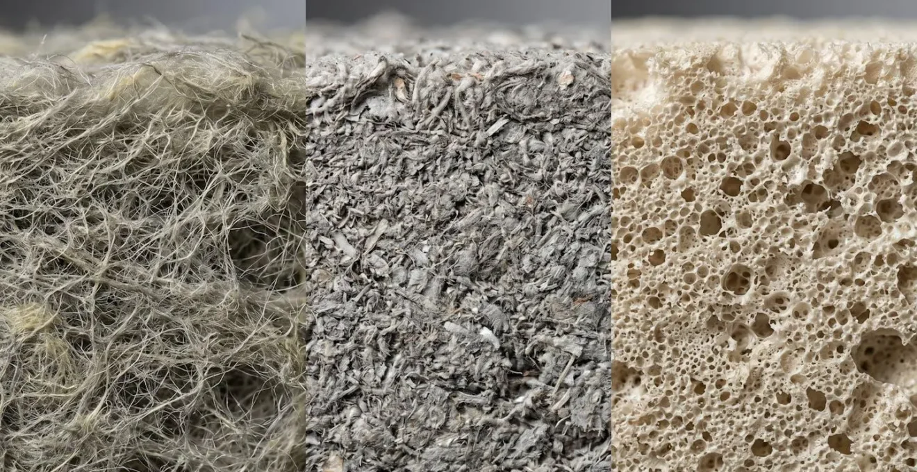 Gros plan sur les textures distinctes de trois materiaux isolants utilises au Quebec