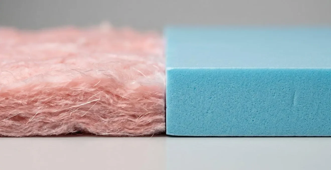 Vue rapprochée montrant la différence de texture entre la laine minérale en rouleau et un panneau rigide de polystyrène