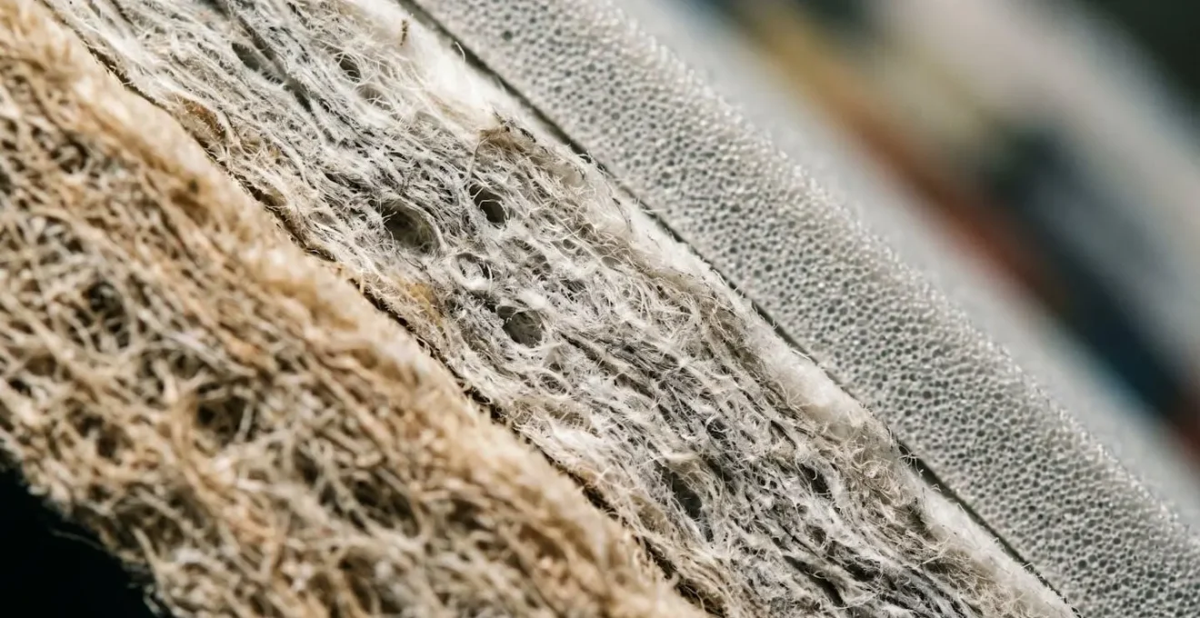 Détail macro d'un assemblage de matériaux isolants montrant les couches et la texture