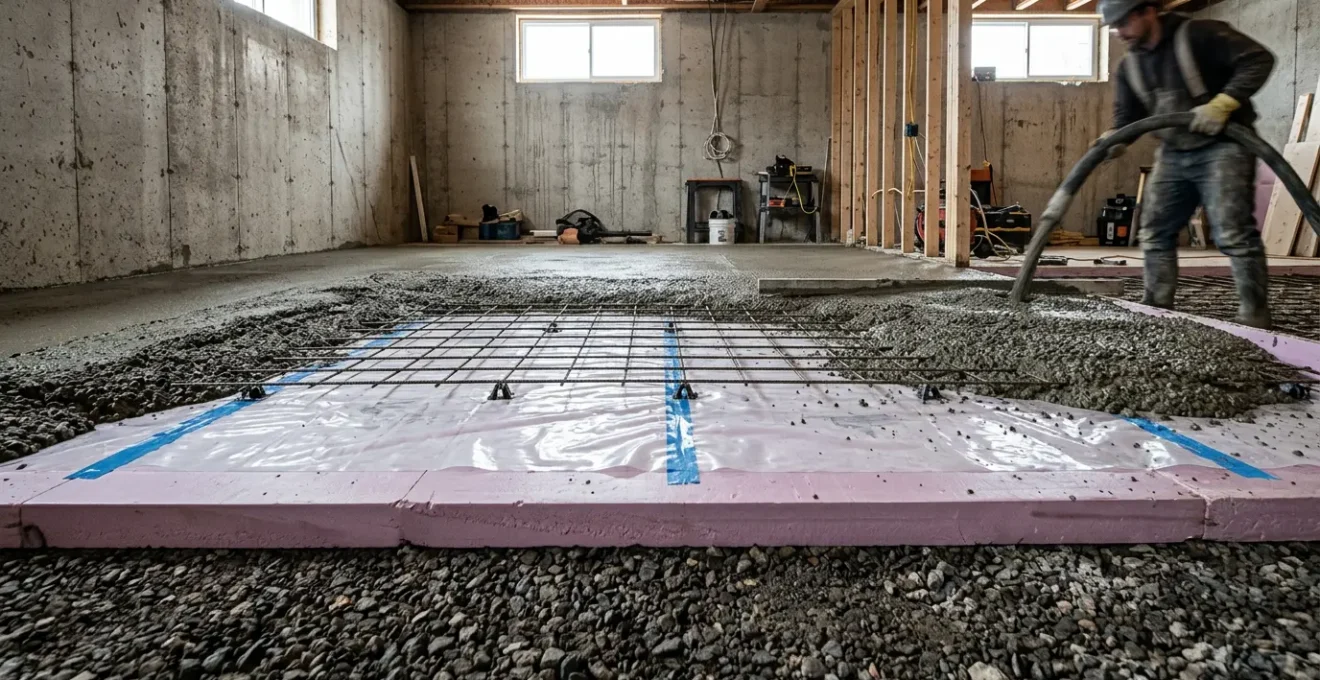 Dalle de béton isolée dans un sous-sol québécois avec système de chauffage radiant