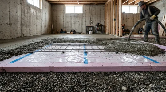 Dalle de béton isolée dans un sous-sol québécois avec système de chauffage radiant
