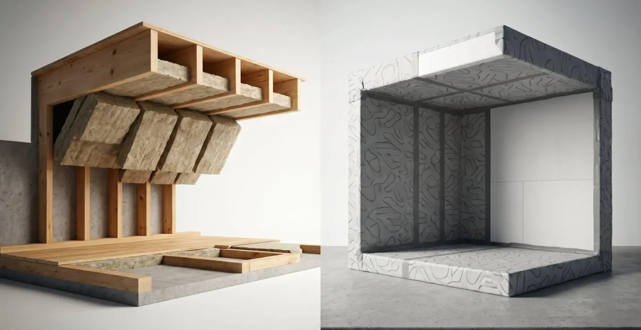 Coupe transversale conceptuelle montrant la différence entre isolation du plancher et encapsulation complète d'un vide sanitaire