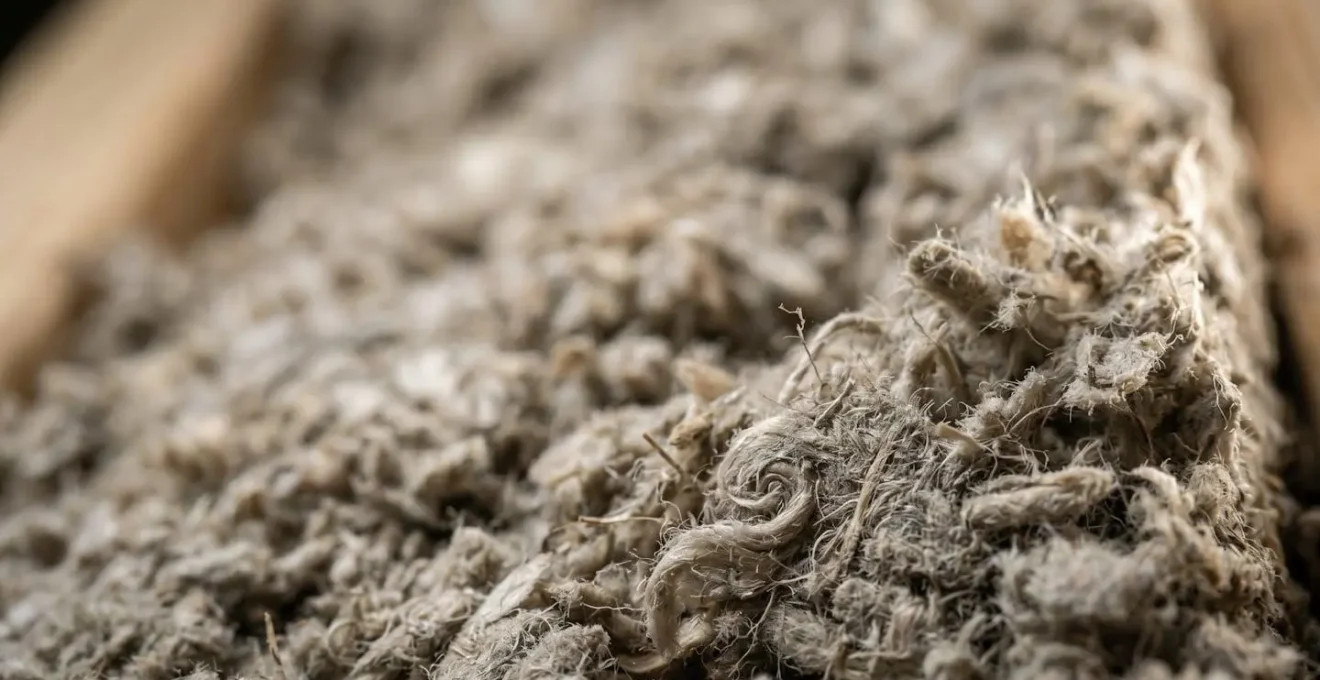 Gros plan texturé montrant la densité compacte de cellulose insufflée dans une cavité murale
