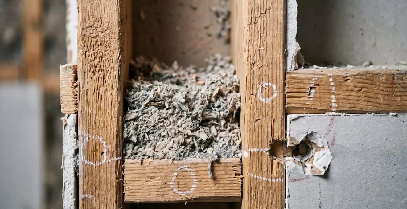 Gros plan sur un mur extérieur avec des repères d'injection montrant la structure interne pour l'isolation à la cellulose