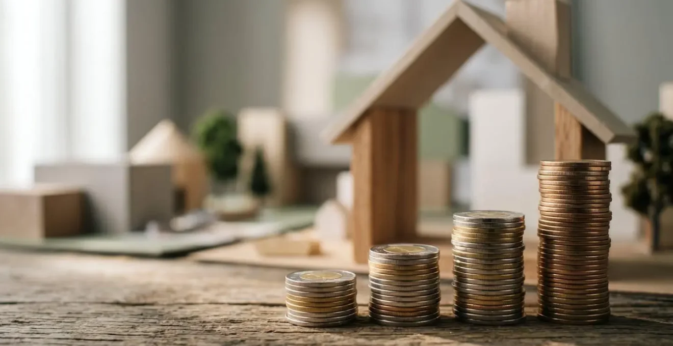 Symboles visuels de financement et d'économie avec pièces de monnaie empilées et éléments architecturaux en arrière-plan flou