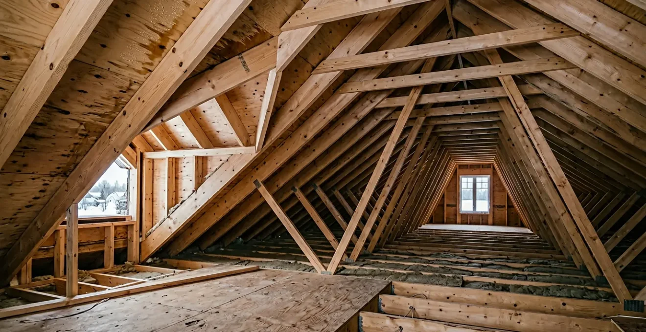 Vue architecturale d'un entretoit de maison québécoise typique avec structure de fermes en bois et isolation visible