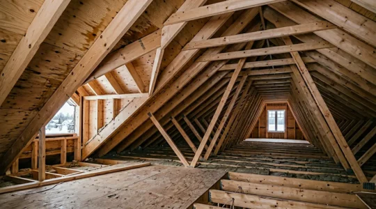 Vue architecturale d'un entretoit de maison québécoise typique avec structure de fermes en bois et isolation visible