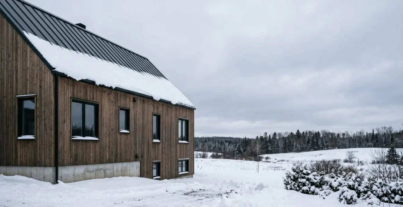 Vue architecturale d'une enveloppe de bâtiment résidentiel québécois illustrant les zones critiques d'isolation thermique en climat nordique