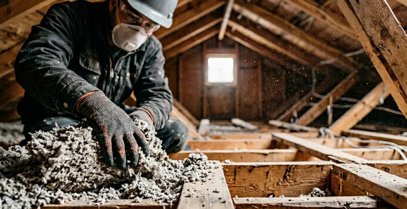Travaux d'isolation manuelle de combles avec cellulose en vrac au Québec