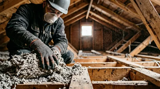 Travaux d'isolation manuelle de combles avec cellulose en vrac au Québec