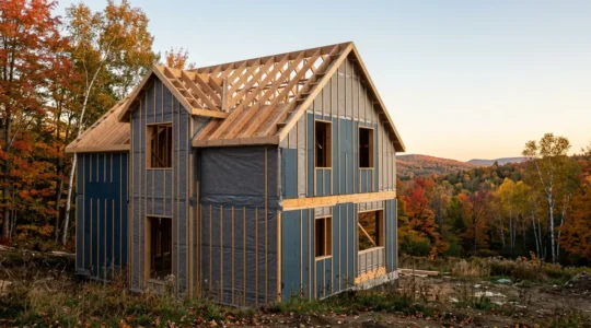 Détails architecturaux d'une enveloppe de bâtiment étanche au Québec avec systèmes de pare-air