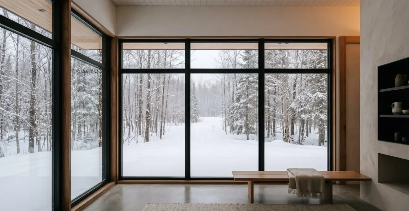 Fenêtres modernes à haute performance énergétique dans une maison québécoise pendant l'hiver