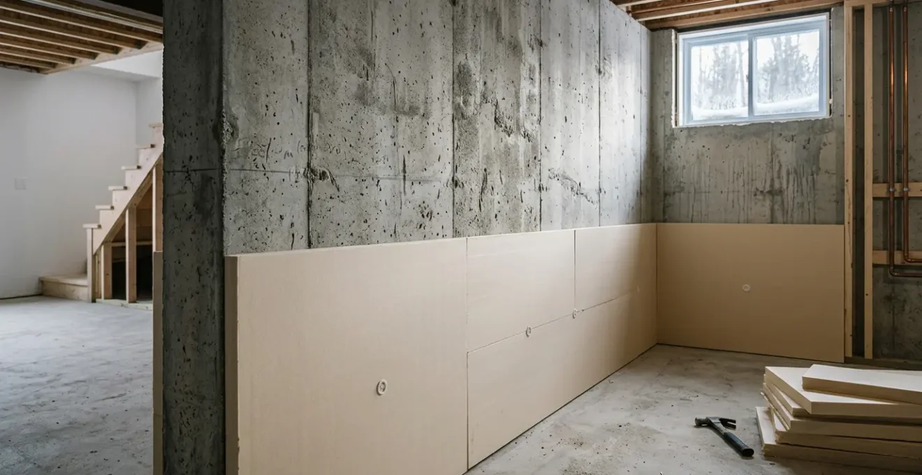 Mur de fondation en béton partiellement isolé dans une maison québécoise en rénovation