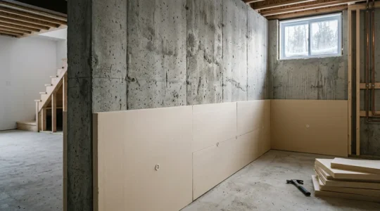 Mur de fondation en béton partiellement isolé dans une maison québécoise en rénovation