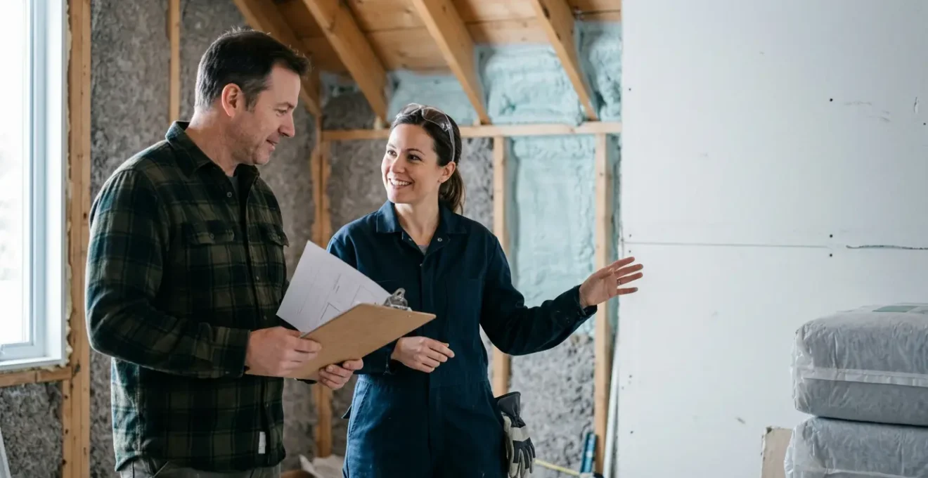 Propriétaire supervisant des travaux d'isolation dans une maison québécoise avec entrepreneur certifié RBQ