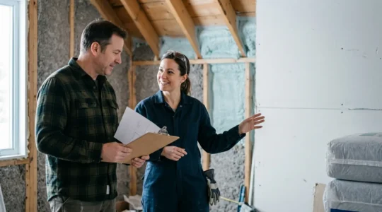 Propriétaire supervisant des travaux d'isolation dans une maison québécoise avec entrepreneur certifié RBQ