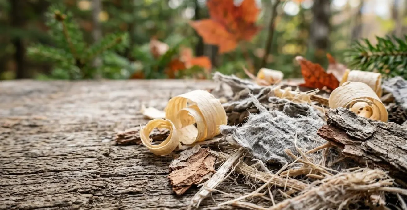 Forêt boréale québécoise avec copeaux de bois et matériaux biosourcés illustrant l'industrie forestière locale