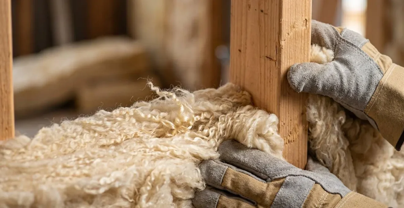 Vue rapprochée de la pose technique de laine de mouton entre montants d'un mur à ossature bois