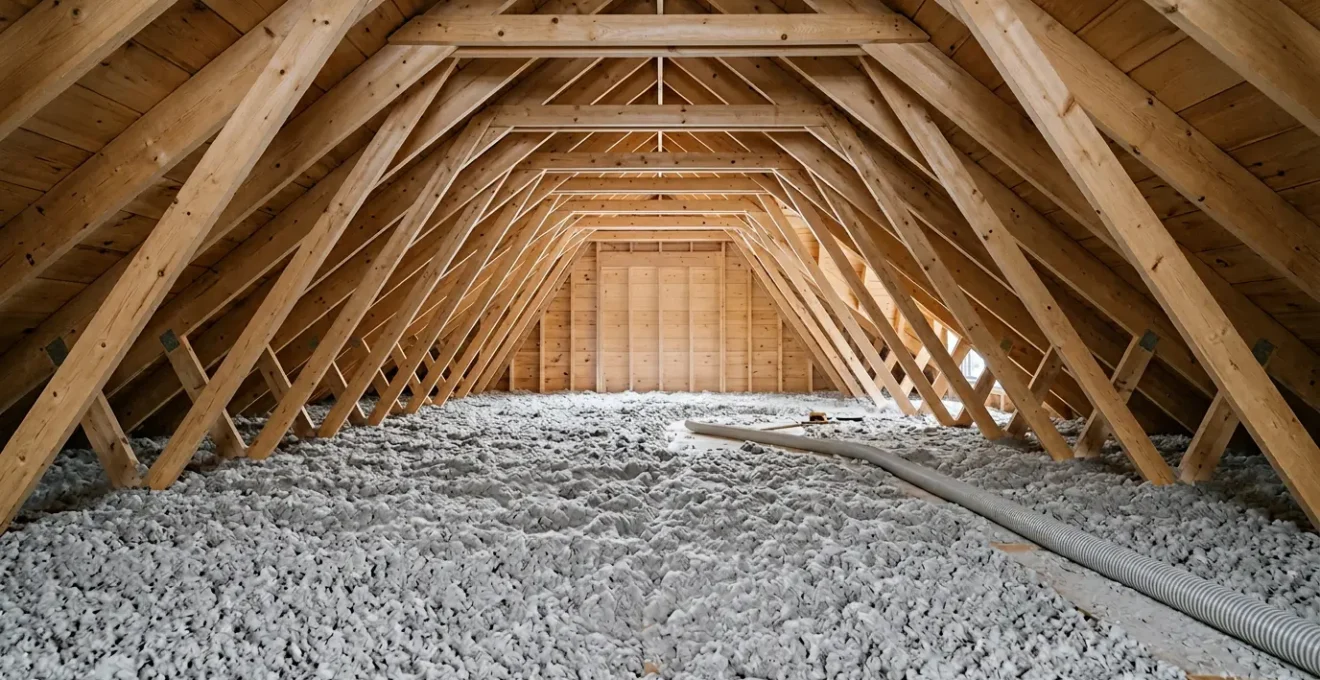 Installation professionnelle d'isolation en ouate de cellulose dans des combles d'une maison québécoise en hiver