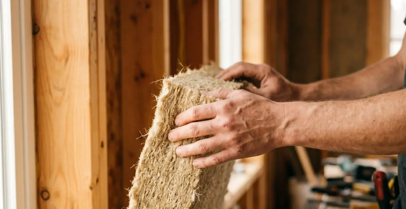 Mains nues manipulant un panneau isolant de chanvre naturel lors d'une installation résidentielle, démontrant le confort de pose.