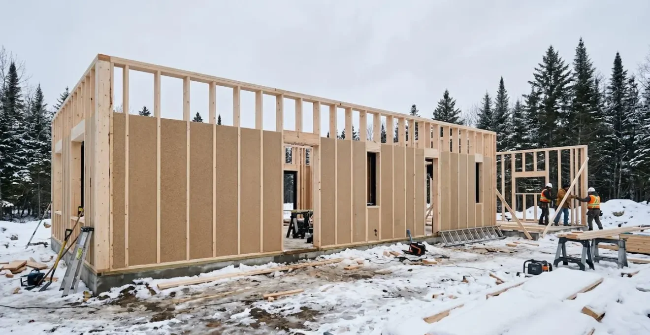 Installation de panneaux de fibre de bois sur ossature murale lors d'un chantier de construction au Québec