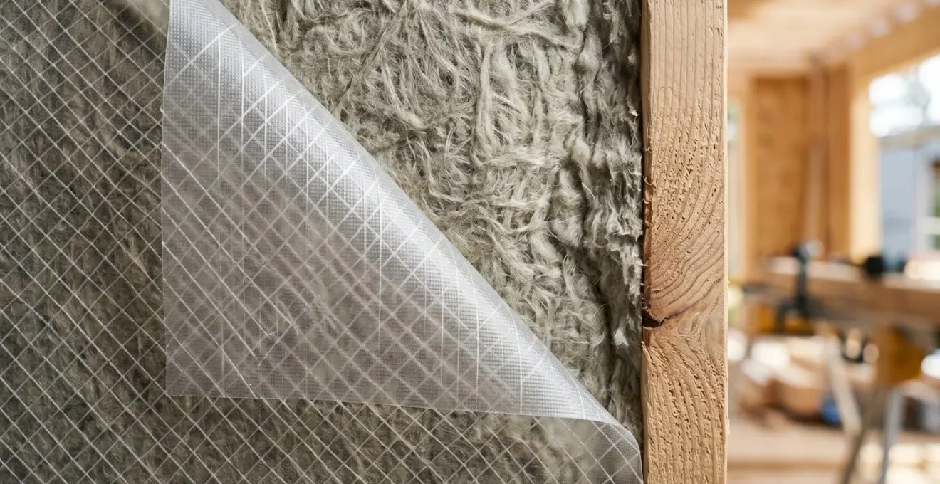 Détail d'installation correcte d'un pare-vapeur avec laine minérale dans un mur de maison québécoise